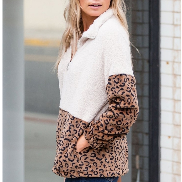 White & Mocha Leopard Color Block Woobie Half-Zip - Picture 8 of 8